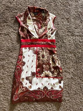 bebe Brown, Cream and Red Paisley Midi Sheath Dress - M